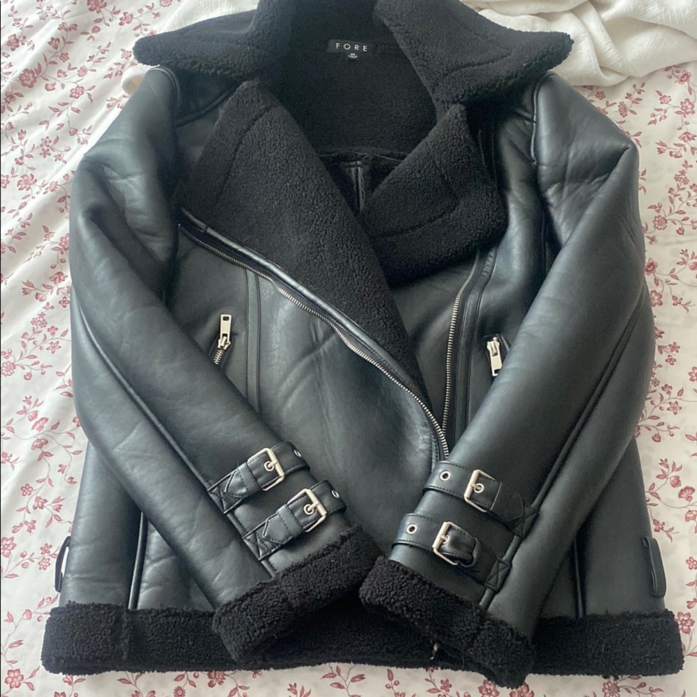 Vici  Fore Black Leather Jacket with Quilted Details and Adjustable Waist